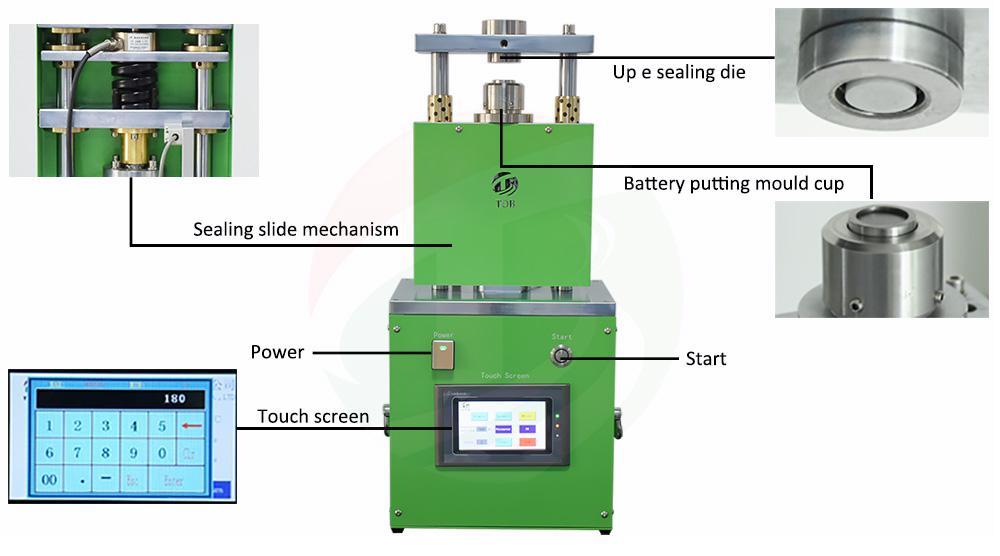 TOB-DF-160 electric coin cell crimping machine with every component labelled