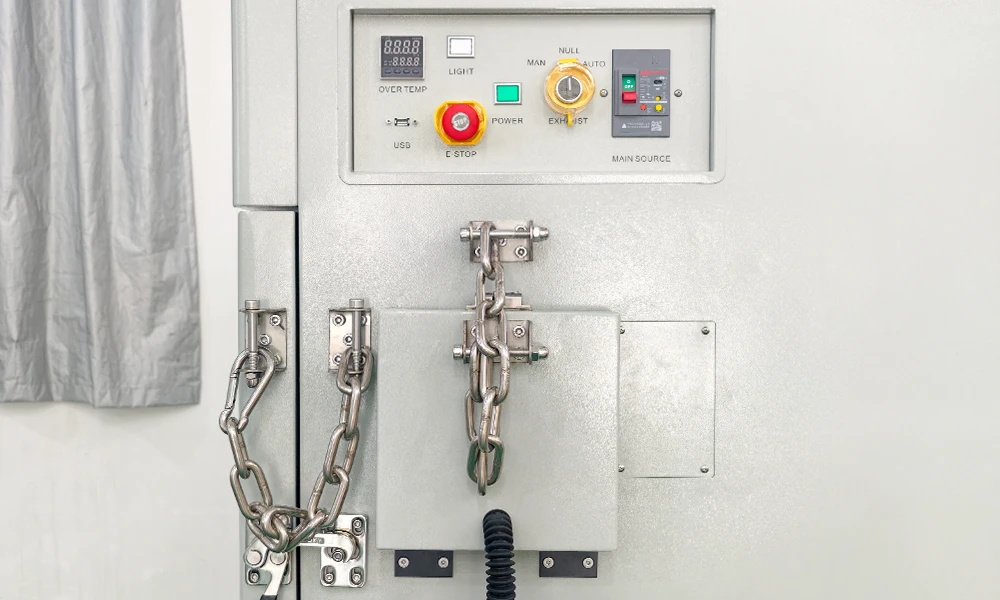 Control panel and explosion-proof chains on the TOB-TH-80C temperature humidity test chamber